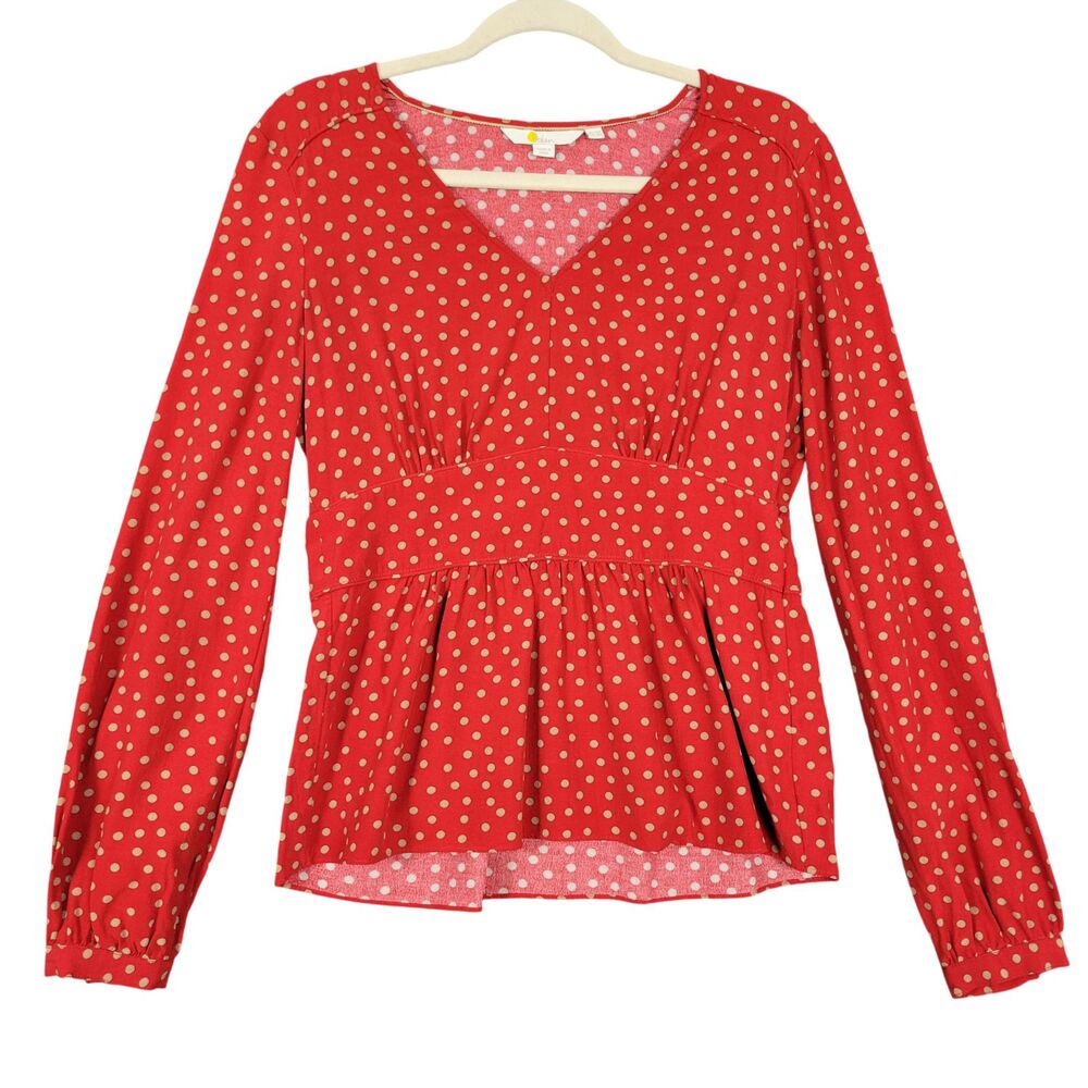 BODEN Red Polka Dot Babydoll Peplum Top Long Sleeve V-Neck Twee Preppy SIZE 6
